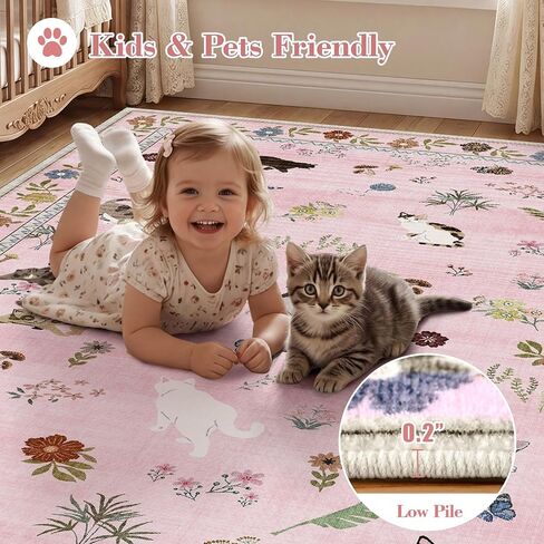 AIMPEAK Pink 6x9 Washable Area Rug - Non Slip Low Pile Cat Floral Boho Vintage Carpet for Living Room, Bedroom, Farmhouse, Dining Room, Nursery, Kids Playroom, Pink Multi in Saudi Arabia