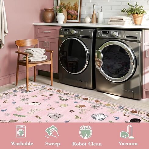 AIMPEAK Pink 6x9 Washable Area Rug - Non Slip Low Pile Cat Floral Boho Vintage Carpet for Living Room, Bedroom, Farmhouse, Dining Room, Nursery, Kids Playroom, Pink Multi in Saudi Arabia