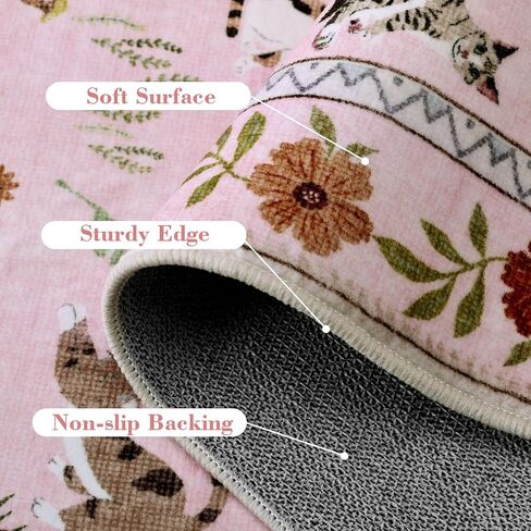 AIMPEAK Pink 6x9 Washable Area Rug - Non Slip Low Pile Cat Floral Boho Vintage Carpet for Living Room, Bedroom, Farmhouse, Dining Room, Nursery, Kids Playroom, Pink Multi in Saudi Arabia