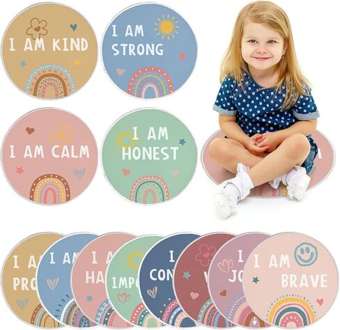 OBUSATT 12Pcs Carpet Circle Seats 15 Inch Positive Affirmations Round Classroom Rug Non Slip Floor Cushions Mat for Back to School Nursery Learning Calming Corner Playing Areas Decor(Boho Rainbow) in Kuwait
