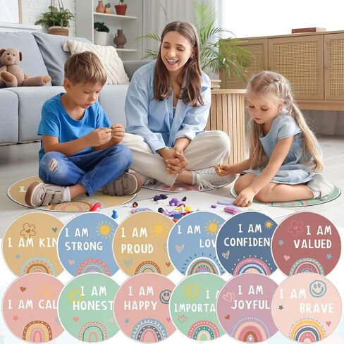 OBUSATT 12Pcs Carpet Circle Seats 15 Inch Positive Affirmations Round Classroom Rug Non Slip Floor Cushions Mat for Back to School Nursery Learning Calming Corner Playing Areas Decor(Boho Rainbow) in Kuwait