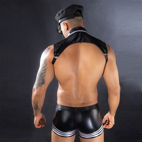Men Sexy Police Costume Set with Tie, Hat, Brief for Halloween Cosplay, Black Police Officer Uniform Policeman Cop Costume Gay Male Men Lingerie Outfit for Party Bar Clubwear Role Play in Saudi Arabia