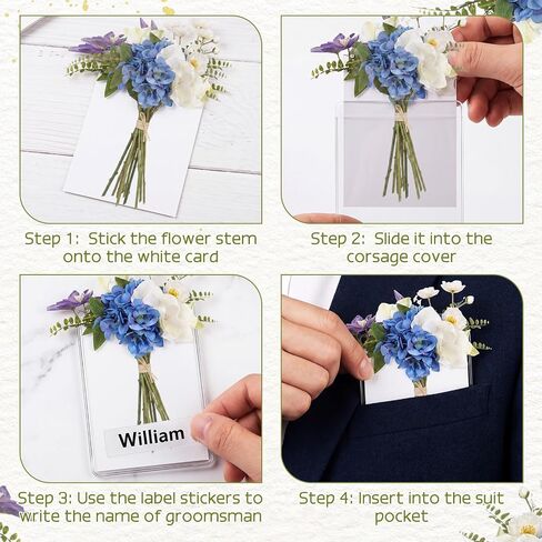 RattanView Pocket Boutonniere Plastic Sleeve with Cards＆Stickers Groomsmen Boutonniere Pockets Holder Flowers Not Included in Kuwait