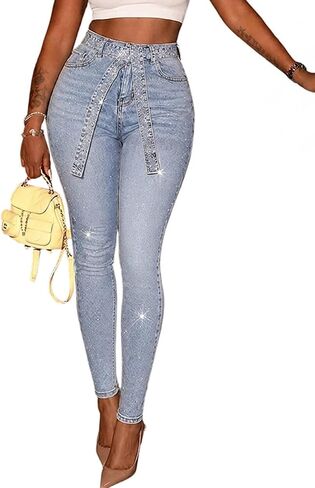 CHICME Women's Rhinestone Skinny Jeans Light Blue High Waisted Stretchy Denim Pants with Belt Party Date Night in Kuwait