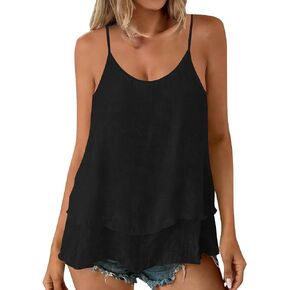 Women’s Linen Cotton Tank Tops Scoop Neck Adjustable Spaghetti Straps Camisole Tops Loose Fit Double Layer Flowy Basic Tee in Kuwait