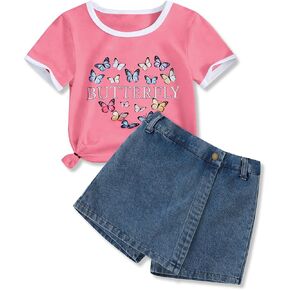 Girls Summer Clothes Butterfly Print Short Sleeve Tops and Denim Skirt Shorts Set Cute Outfits for Kids Girls 6-12Y in Saudi Arabia
