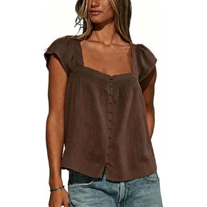 Lumister Cotton Linen Tops for Womens Square Neck Flutter Sleeve Lightweight Casual Shirt for Summer in Saudi Arabia