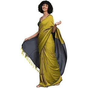 Women's Designer White Indian Handloom Ethnic Cotton Saree With Tassels Unstitched Blouse Piece. (Green) in Kuwait