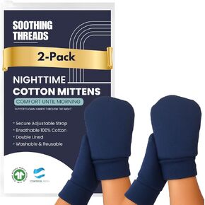100% Organic Cotton Eczema Mittens for Adults – Anti-Scratch Nighttime Sleeping Gloves with Secure Adjustable Strap, Reusable & Washable – 1 Pair, S/M/L (Navy, Medium) in Kuwait
