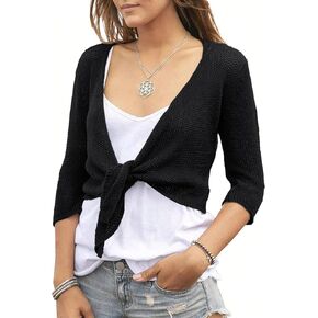 Womens 3/4 Sleeve Cropped Cardigan Tie Front Wrap Tops Knit Shrugs Solid Cardigans Sweaters in Kuwait