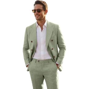 Mens Suits Linen 2 Piece Suit for Men Peak Lapel Slim Fit Suits Set Double Breasted Tuxedos for Wedding Prom in Kuwait