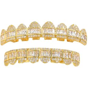 Solid Gold over S925 Sterling Silver T-Square Full Micro-Pave Moissanite Teeth Grillz, Clean Stone Pattern for Daily Use, Suitable for Men and Women Who Want Simple Style in Saudi Arabia
