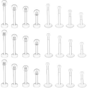 24PCS Clear Invisible Piercing Retainers for Work - 16G Push Top Labret Lip Rings & Earrings, Flat Back Nose Studs for Helix, Tragus, Monroe, Medusa, Industrial - 6/8/10/12mm Bars in Saudi Arabia