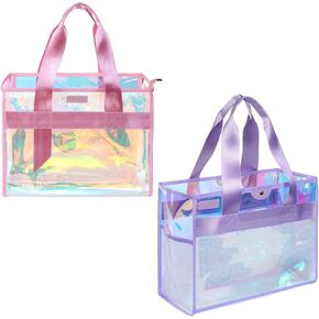 Iridescent Beach Bag, 2Pcs Large Clear Jelly Tote Bag for Women | TPU jelly, Purple & Pink, waterproof & sandproof, snap & zipper closure, ideal for family summer travel, gym, pool & cruise in Saudi Arabia