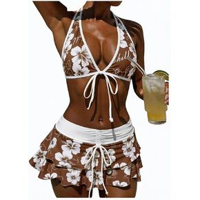 Verdusa Women's 3 Piece Boho Floral Halter Bikini Set Tie Back Swimsuit with Cover Up Skirt Vacation Outfits in Kuwait