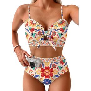Herseas Women's High Waisted Bikini Sets Floral Print Swimsuits Knotted Front Ruffle Trim Bathing Suits Beach Essentials in Saudi Arabia