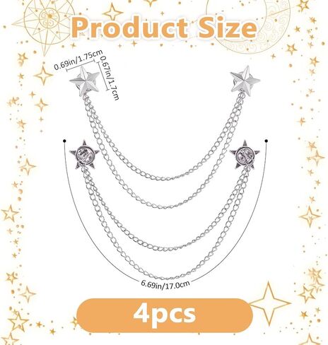 SUPERFINDINGS 4Pcs Long Chain Brooch Star Tassel Lapel Pins Men's Double Star Chain Alloy Suit Pins Collar Pin Tassel Suit Collar Brooch for Men Women Suits Gifts in Kuwait