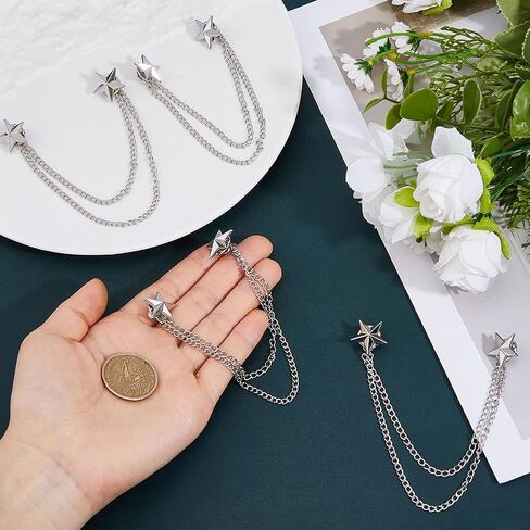 SUPERFINDINGS 4Pcs Long Chain Brooch Star Tassel Lapel Pins Men's Double Star Chain Alloy Suit Pins Collar Pin Tassel Suit Collar Brooch for Men Women Suits Gifts in Kuwait