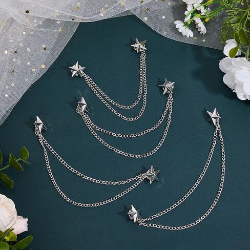 SUPERFINDINGS 4Pcs Long Chain Brooch Star Tassel Lapel Pins Men's Double Star Chain Alloy Suit Pins Collar Pin Tassel Suit Collar Brooch for Men Women Suits Gifts in Kuwait