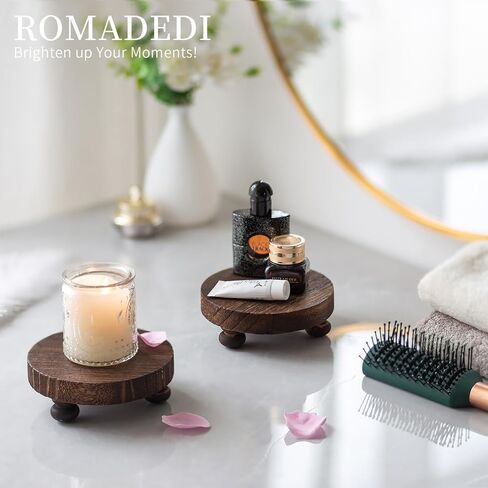 Romadedi Farmhouse Wood Riser للعرض - قطعتان من الديكور الريفي بقاعدة خشبية صغيرة مزخرفة بقاعدة دائرية لطاولة المنزل والحمام ورف المطبخ، بني in Kuwait