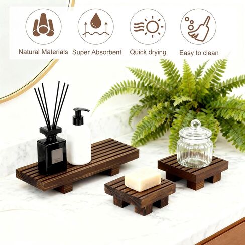 Klunk Waterproof Wood Risers Set of 3 (1 Long 8.7" + 2 Small 3.6"), Rustic Countertop Organizer Display Stands for Bathroom Vanity, Perfume & Skincare, Kitchen Spice Rack Riser, Farmhouse Decor in Kuwait