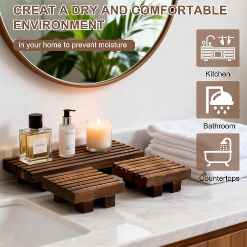 Klunk Waterproof Wood Risers Set of 3 (1 Long 8.7" + 2 Small 3.6"), Rustic Countertop Organizer Display Stands for Bathroom Vanity, Perfume & Skincare, Kitchen Spice Rack Riser, Farmhouse Decor in Kuwait