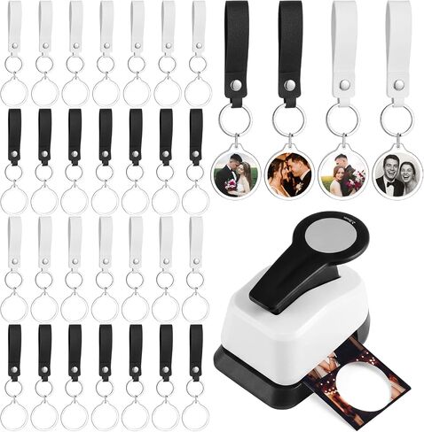 30 Set Circle Punch Photo Keychain DIY Kit Include 35mm Circle Cutter Station and 30 Pack PU Leather 1.4" Double Sided Round Acrylic Frame Photo Keychains for Wedding Birthday Party Favors in Kuwait