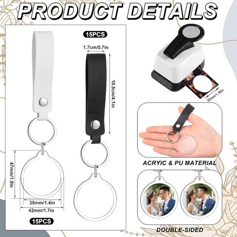 30 Set Circle Punch Photo Keychain DIY Kit Include 35mm Circle Cutter Station and 30 Pack PU Leather 1.4" Double Sided Round Acrylic Frame Photo Keychains for Wedding Birthday Party Favors in Kuwait