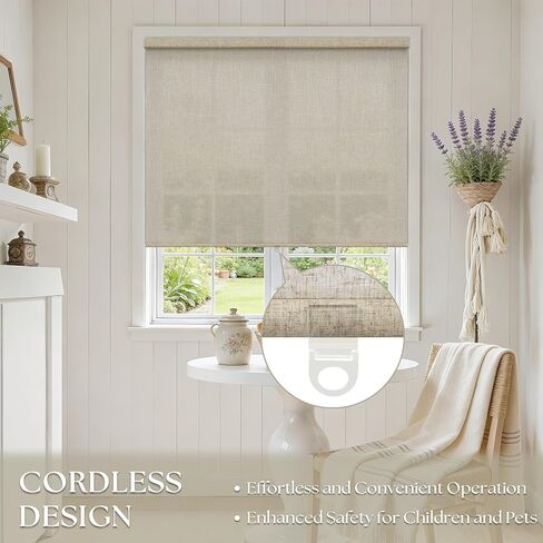 Linen Light Filtering Roller Shades for Living Room Dining Window Cordless Free-Stop Blinds with Valance Natural Beige Tan Linen Flax Shades Blinds for Indoor Bathroom Windows Bedroom 34" W x 72" H in Saudi Arabia