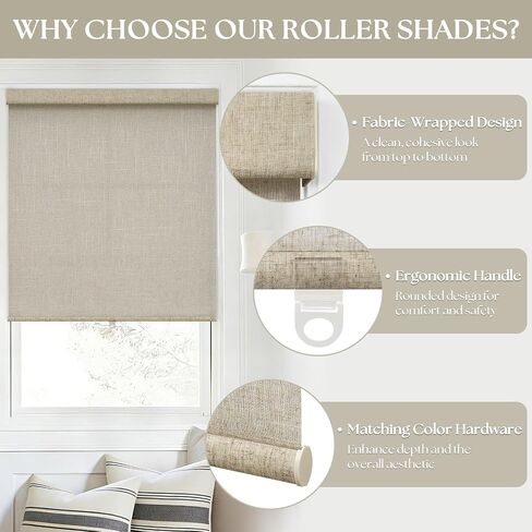 Linen Light Filtering Roller Shades for Living Room Dining Window Cordless Free-Stop Blinds with Valance Natural Beige Tan Linen Flax Shades Blinds for Indoor Bathroom Windows Bedroom 34" W x 72" H in Saudi Arabia