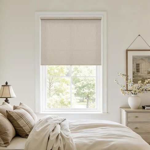 Linen Light Filtering Roller Shades for Living Room Dining Window Cordless Free-Stop Blinds with Valance Natural Beige Tan Linen Flax Shades Blinds for Indoor Bathroom Windows Bedroom 34" W x 72" H in Saudi Arabia