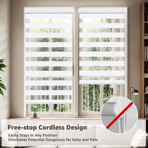 SEEYE Cordless Zebra Blinds for Window, French Door Blinds Free-Stop Roller Window Shades with Valance 40" W x 90" H, Light Filtering Window Treatment Sheer Blinds & Shades Easy to Install, White in Saudi Arabia