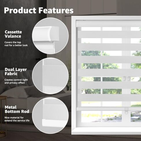 SEEYE Cordless Zebra Blinds for Window, French Door Blinds Free-Stop Roller Window Shades with Valance 30" W x 72" H, 95% Blackout Window Treatment Sheer Blinds & Shades Easy to Install, White in Saudi Arabia