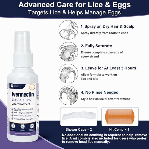 Ivermectin Liquid 0.5% Lice Treatment for Adults (2 Fl Oz), Fast-Acting, Prescription Strength Head Lice & Egg Treatment, Topical Liquid Formula, for Adults in Saudi Arabia