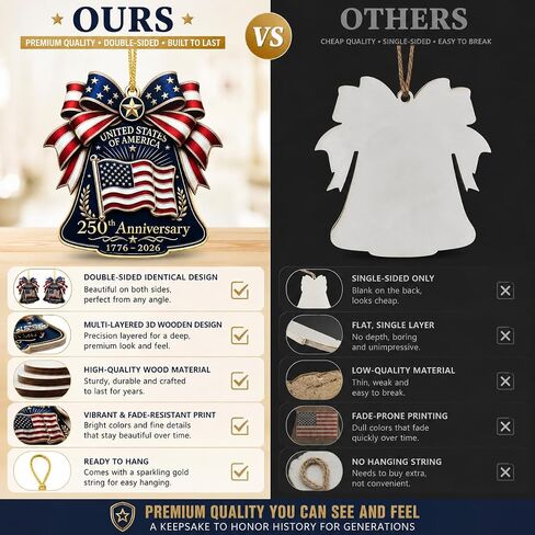 250 Anniversary USA Merchandise Ornament, Wooden 3 Layers Bell Patriotic Ornaments, 4th of July Decorations, USA 250th Anniversary Merchandise, 250th America Birthday Gifts, 4th of July Gifts in Kuwait
