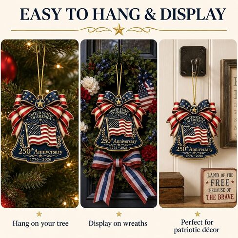 250 Anniversary USA Merchandise Ornament, Wooden 3 Layers Bell Patriotic Ornaments, 4th of July Decorations, USA 250th Anniversary Merchandise, 250th America Birthday Gifts, 4th of July Gifts in Kuwait