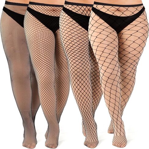 4 Pairs Plus Size Fishnet Stockings for Women, Sexy Black Fishnets Tights Pantyhose Tights High Waist Mesh Stocking in Kuwait