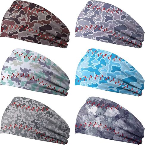 Cuffbow 6 Pcs Baseball Camo Headbands for Women Men, Wide Elastic Sweatband Non-Slip Sports Headband Softball Game Day Hair Accessories Baseball Mom Team Gifts Workout Yoga Running Bandana in Kuwait