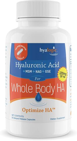 Hyalogic Hyaluronic Acid 120 mg Delayed Release Capsules | Combo Formula w/Glucosamine MSM | Support Healthy Joints, Eyes and Skin and Overall Body | Promote Healthy Skin | Non-GMO (30 Count) in Kuwait