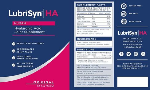 LubriSyn HA Human Liquid Hyaluronic Acid Joint Supplement, Oral HA for People, Supports Healthy Knees, Hips & Joint Function for Men & Women, Original Flavor, 30-Day Supply, 11.5 oz in Kuwait