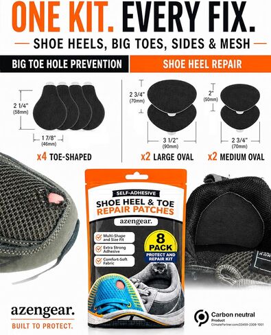 aZengear Shoe Heel Repair & Big Toe Hole Preventer Patch Kit: Stick-On, Strong Adhesive, Rip-Stop, Soft Suede, 4 Pairs Multi-Size for Sneakers, Boots, High Heels - Extends Shoe Life in Kuwait