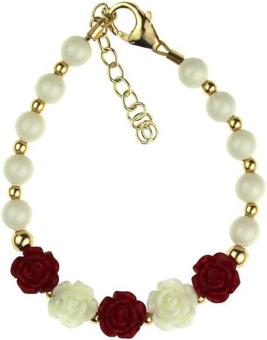 Crystal Dream Elegant 14KT Gold-Filled Beads Luxury Baby Girl Bracelet Made with White European Simulated Pearls and Red Flowers (B100-CFRW) in Saudi Arabia