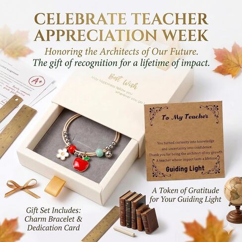 Teacher Gifts,Apple and Flower Charm Bracelet with Teacher Appreciation Card Included, Adjustable 6.3+2in Gift for Girls Women, May June Graduation Gift 2026, Aesthetic End of School Year Jewelry for Daughter, DIY Drawer Box in Kuwait