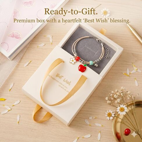 Teacher Gifts,Apple and Flower Charm Bracelet with Teacher Appreciation Card Included, Adjustable 6.3+2in Gift for Girls Women, May June Graduation Gift 2026, Aesthetic End of School Year Jewelry for Daughter, DIY Drawer Box in Kuwait