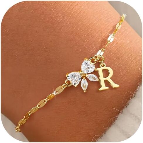 Gold Initial Bracelet for Women Teen Girls 14k Gold Plated Dainty Butterfly Charm Letter Bracelet for Birthday Jewelry Gifts in Kuwait