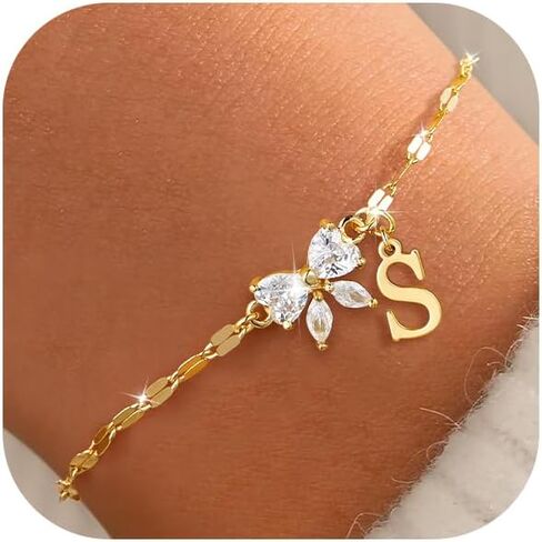 Gold Initial Bracelet for Women Teen Girls 14k Gold Plated Dainty Butterfly Charm Letter Bracelet for Birthday Jewelry Gifts in Kuwait