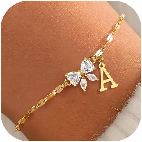 Gold Initial Bracelet for Women Teen Girls 14k Gold Plated Dainty Butterfly Charm Letter Bracelet for Birthday Jewelry Gifts in Kuwait