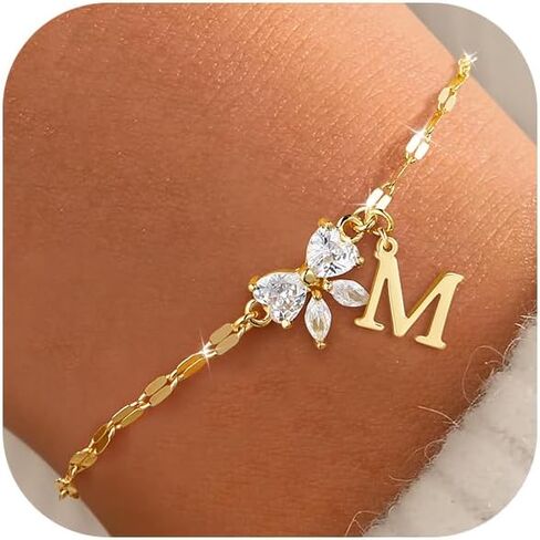 Gold Initial Bracelet for Women Teen Girls 14k Gold Plated Dainty Butterfly Charm Letter Bracelet for Birthday Jewelry Gifts in Kuwait