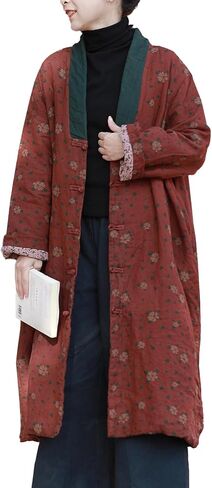LZJN Womens Jackets Long Linen Floral Printed Cotton Quilted Warm Padded Long Loose Coats Winter Plus Size in Saudi Arabia