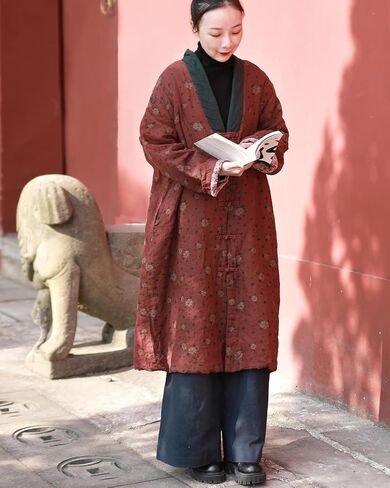 LZJN Womens Jackets Long Linen Floral Printed Cotton Quilted Warm Padded Long Loose Coats Winter Plus Size in Saudi Arabia